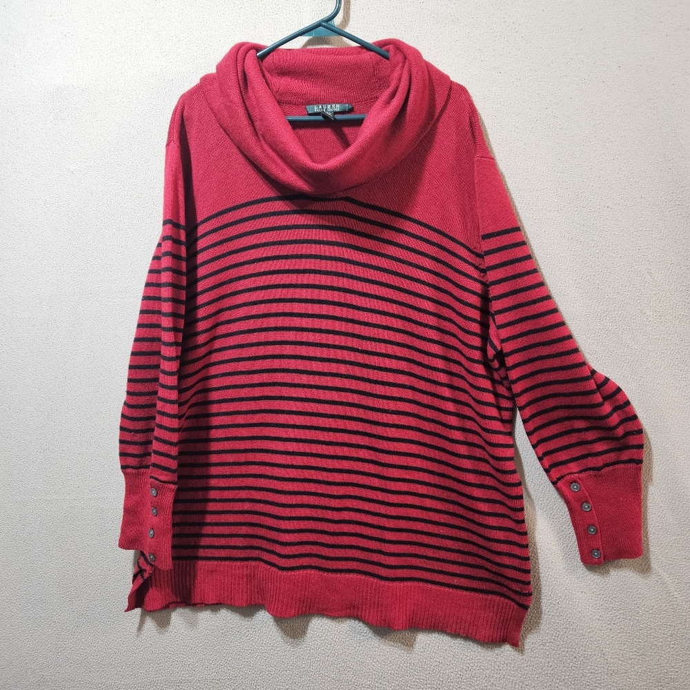 Lauren Ralph Lauren 3XL Red Black Striped Sweater with Cowl Neck Button Details